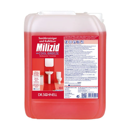 Un recipient roșu de 10 litri cu Dr. Schnell Milizid Cool Breeze Detergent sanitar și dizolvant de calcar de la DR.SCHNELL GmbH & Co. KGaA, conceput pentru curățarea dezodorizantă cu proprietăți de detergent sanitar și dizolvant de calcar. Eticheta frontală conține imagini ale unei toalete și ale unor plăci, precum și detalii despre produs și text în limba germană.