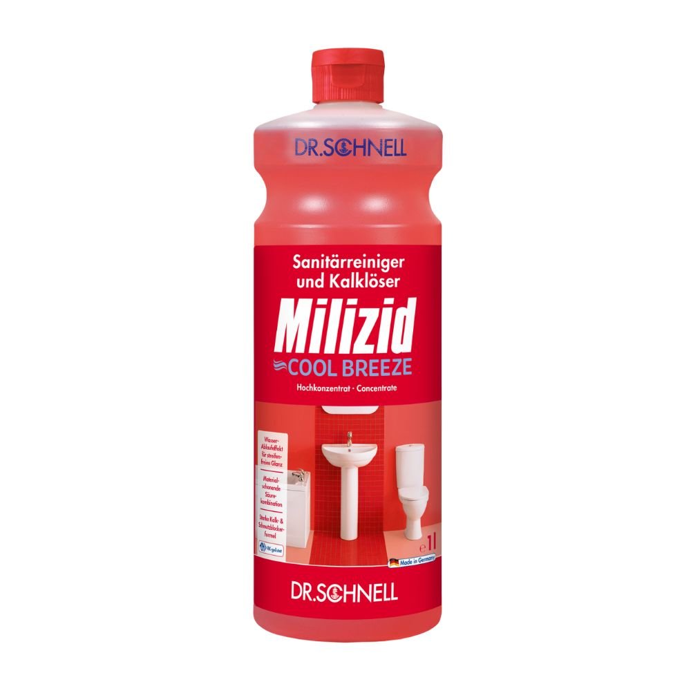 O sticlă de Dr. Schnell Milizid Cool Breeze Detergent sanitar și dizolvant de calcar, produs de DR.SCHNELL GmbH & Co. KGaA, are o etichetă roșie cu imagini ale unui lavoar și unei toalete. Descrierea în limba germană subliniază eficacitatea sa ca detergent concentrat pentru dezodorizarea sarcinilor sanitare.