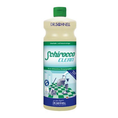 O sticlă de plastic Dr. Schnell SCHIROCCO CLEAN detergent de întreținere, intensiv și de bază de la DR.SCHNELL GmbH & Co. KGaA are o etichetă germană verde-albă cu informații despre produs și un grafic Clean-Floor, ideal pentru curățarea intensivă a pardoselilor dure.