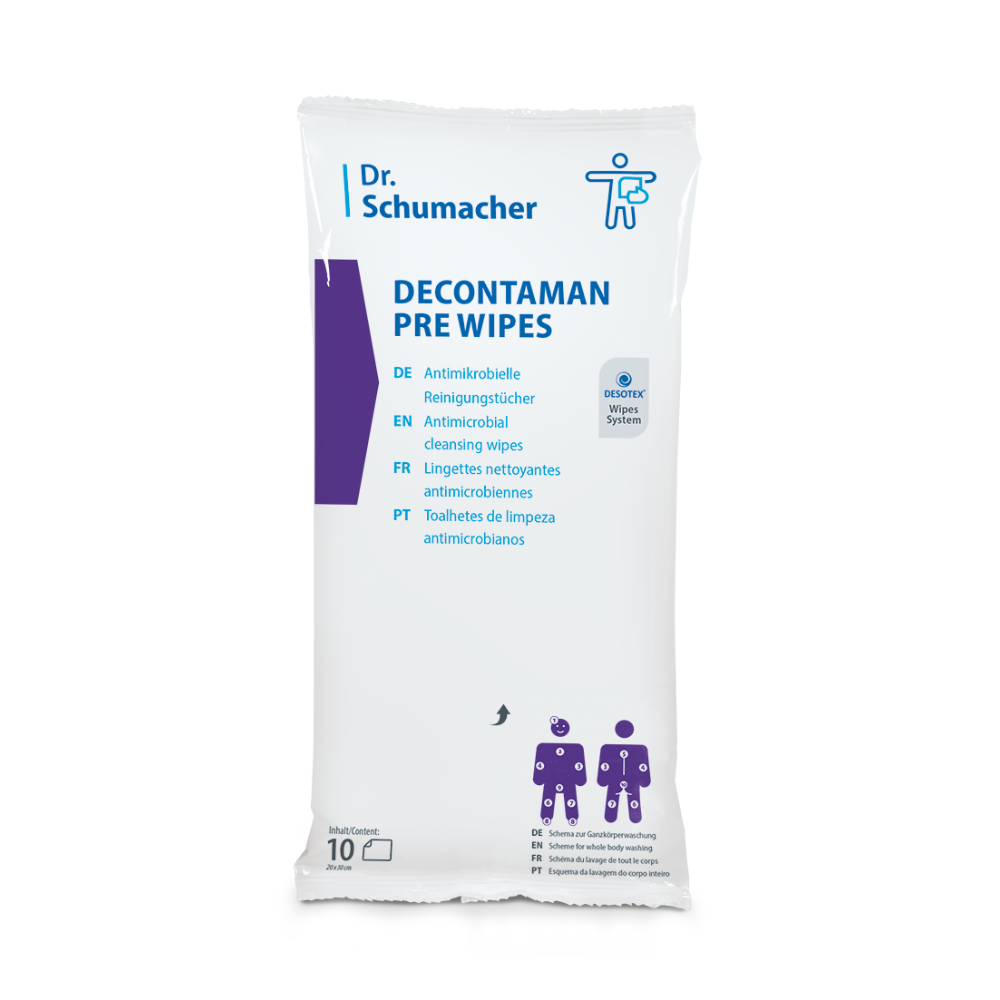 Imaginea arată un pachet de șervețele de curățare Dr. Schumacher Decontaman Pre Wipes de la Dr. Schumacher GmbH, ideal pentru curățarea antimicrobiană. Pachetul alb este prevăzut cu text albastru și violet și oferă detalii despre produs în mai multe limbi, împreună cu ilustrații de utilizare și o mențiune despre 10 șervețele care conțin 2% clorhexidină.