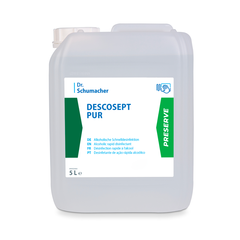 Un recipient din plastic transparent de 5L de la Dr. Schumacher DESCOSEPT PUR, dezinfectant rapid de la Dr. Schumacher GmbH, cu instrucțiuni multilingve și o bandă verde "PRESERVE" pe partea dreaptă. Perfect pentru dezinfectarea rapidă a dispozitivelor medicale.
