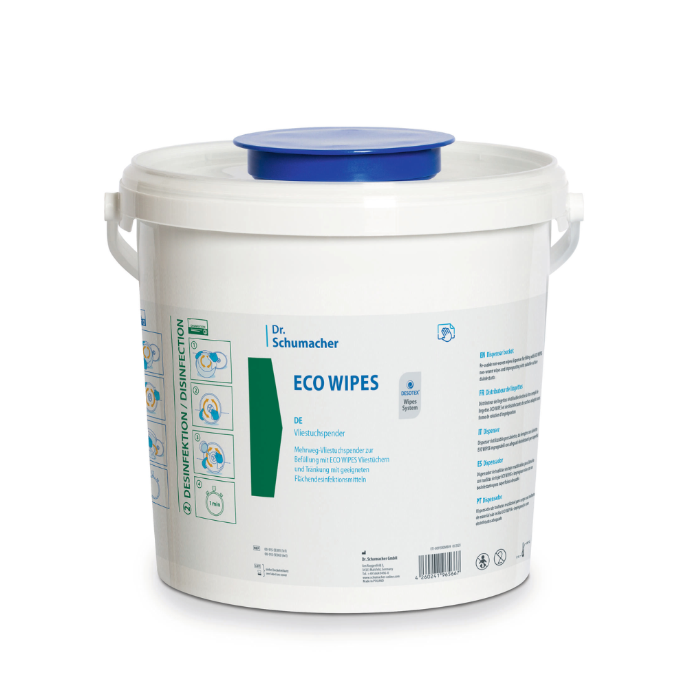 Un distribuitor alb de șervețele Eco Wipes din material nețesut fără șervețele din plastic de la Dr. Schumacher GmbH, cu inscripția „Dr. Schumacher ECO WIPES” și capac albastru. Recipientul conține informații despre produs și instrucțiuni de utilizare, precum și simboluri care indică proprietățile dezinfectante și informații despre reciclare.