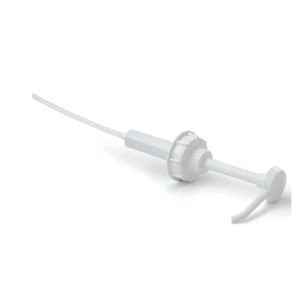 Pompa de dozare a bidonului de la Dr. Schumacher este o pompă din plastic alb cu duză lungă și capac cu șurub, special dezvoltată pentru a elibera 30 ml de lichide din recipiente de 2, 5 sau 10 litri și, prin urmare, este ideală pentru produsele de dezinfectare.