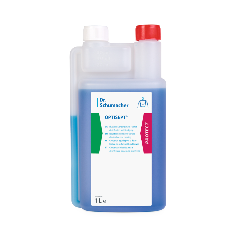 O sticlă de 1 litru de concentrat de detergent dezinfectant Dr. Schumacher GmbH OPTISEPT® cu cameră de măsurare, lichid albastru, capac roșu-alb și etichetă albă, multilingvă.
