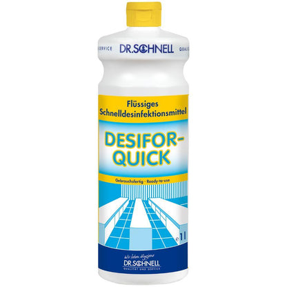 Eine 1 Liter Dr. Schnell DESIFOR-QUICK Flächendesinfektion von DR.SCHNELL GmbH & Co. KGaA, mit gelbem Deckel, blau-gelbem Etikett und einem sauberen weißen Fliesenbodenbild – ideal für hygienisch sensible Bereiche.