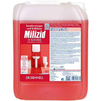 Un recipient de 10 litri Dr. Schnell MILIZID SHINE detergent sanitar și dizolvant de calcar de la DR.SCHNELL GmbH & Co. KGaA, cu text în germană și ilustrații ale unui chiuvetă și ale unei toalete pe etichetă.