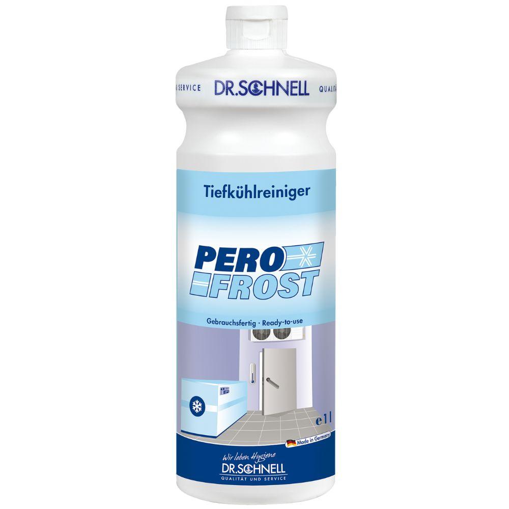O sticlă albă de 1 litru de la DR.SCHNELL GmbH & Co. KGaA Dr. Schnell PERO FROST detergent pentru congelator pentru igiena bucătăriei, cu etichetă albastră, text în germană și imaginea unui congelator accesibil și a unei găleți de șters pe partea din față.