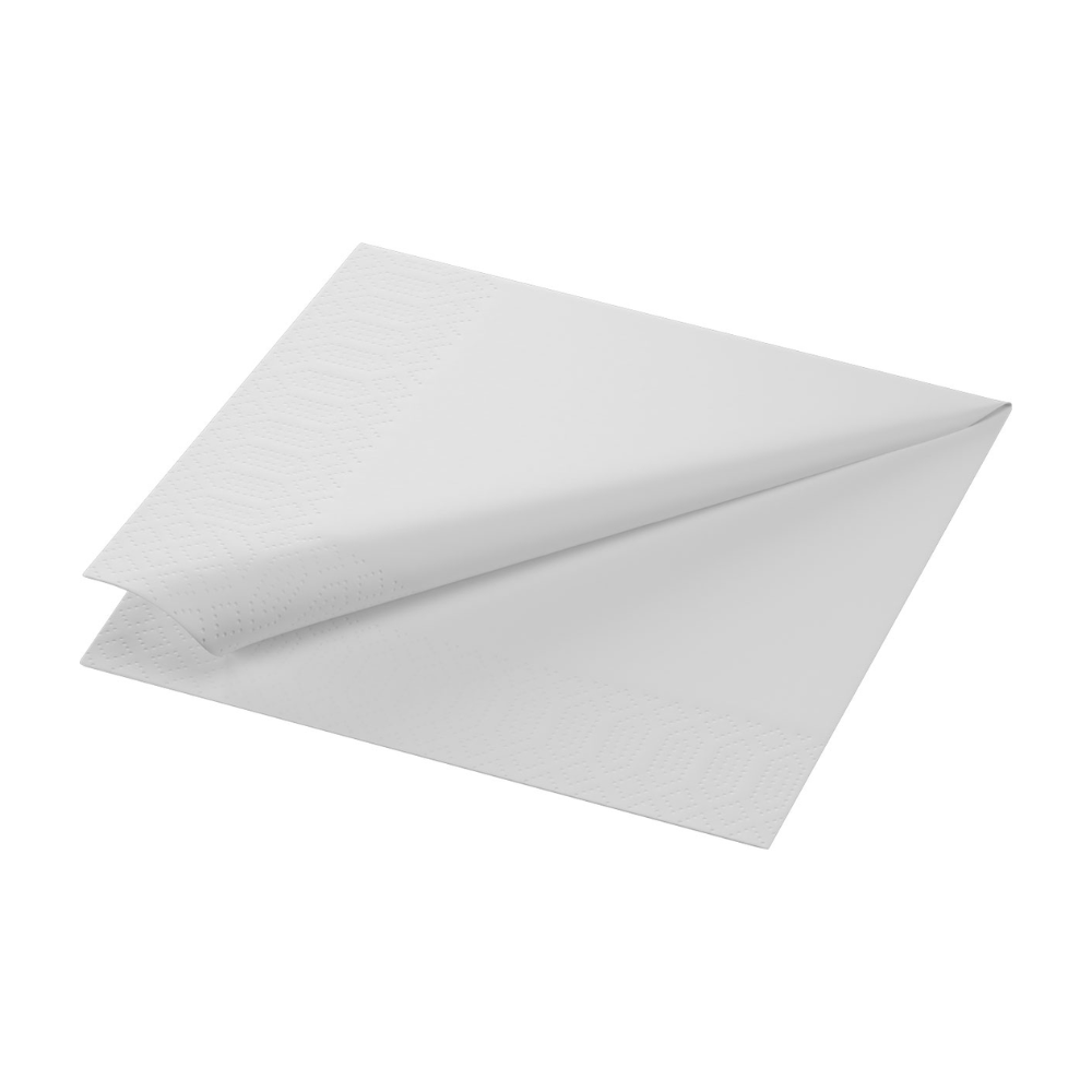 Un șervețel Duni Tissue alb (33x33 cm, 2 straturi) de la Duni GmbH este ilustrat pe un fundal simplu și prezintă structuri de margine și pliuri triunghiulare curate. Această opțiune de șervețel ecologic emană eleganță și este livrată în pachete de 300 de bucăți.