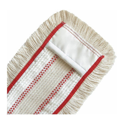 O prim-plan al mopului dreptunghiular Arcora QUATTRO MOPP de la Arcora International GmbH cu franjuri bej și margine roșie pentru o curățare eficientă a podelei.