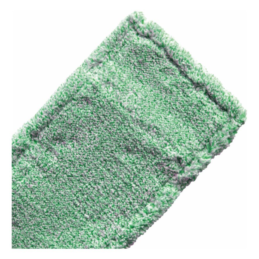 Prim-plan al produsului din microfibră Arcora MICRO GREEN DB - FC CU COPERTĂ de la Arcora International GmbH, în culorile verde și gri cu margini cusute, perfect pentru aplicații de curățare profesională, pe fundal alb.