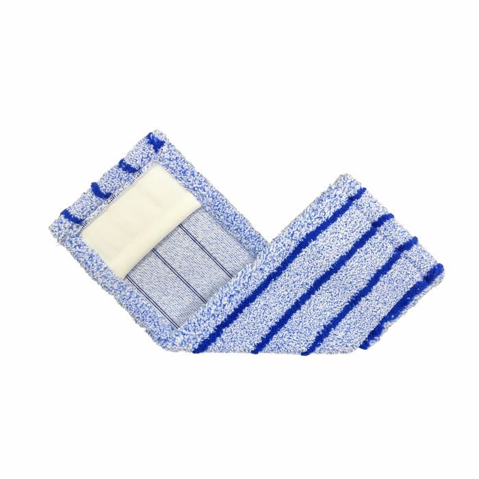 Arcora RUNNER BLUE - FC FĂRĂ CAPAC de la Arcora International GmbH este un pad de mop din microfibră cu dungi albastre și albe pe un fundal alb, cu o suprafață dreptunghiulară cu velcro, ideal pentru toate tipurile de pardoseli rezistente.