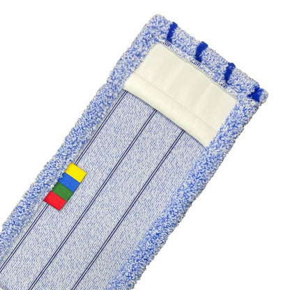 Un prim-plan al mopului din microfibră Arcora RUNNER BLUE - FC FĂRĂ CAPAC de la Arcora International GmbH arată o margine albastră și patru etichete mici colorate - galben, roșu, verde, albastru - pe o secțiune albă, ideal pentru curățarea pardoselilor rezistente.