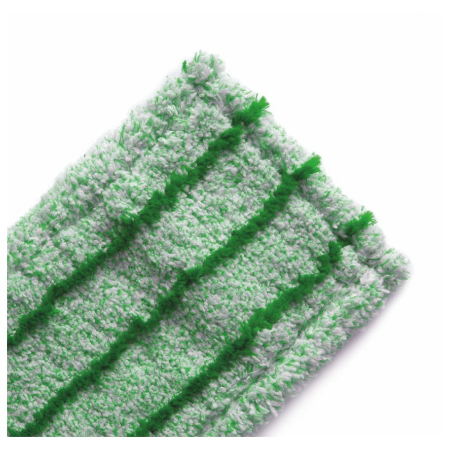 Prim-plan al Arcora RUNNER GREEN DB - FC CU COPERTĂ de la Arcora International GmbH: un pad mop din microfibră verde-alb cu trei dungi verzi reliefate din materiale de înaltă calitate pe un fundal alb - ideal pentru utilizarea în interior.