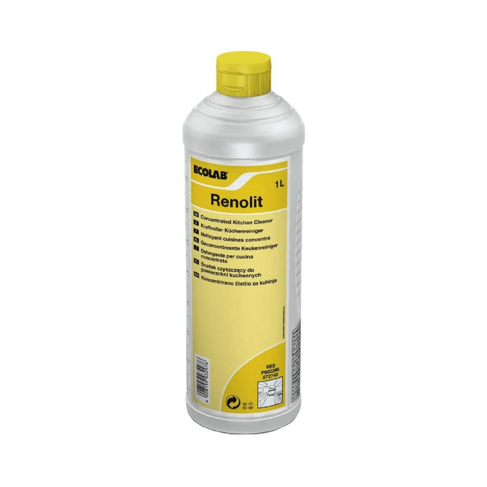O sticlă de 1 litru (1000 ml) de produs descontinuat: Ecolab Renolit detergent de bucătărie de la Ecolab cu capac alb și etichetă galbenă, multilingvă, ilustrată pe un fundal simplu alb.