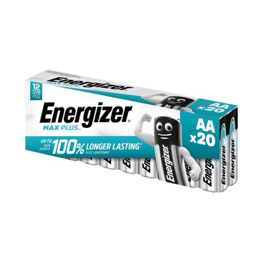 În imagine este prezentat un pachet de 20 de baterii Energizer Max Plus Mignon AA, produs de Energizer Deutschland GmbH. Ambalajul promovează o „durată de viață cu 100 % mai lungă” și o durată de valabilitate de 12 ani. Numele mărcii „Energizer Max Plus” este afișat în mod vizibil, alături de imaginea unei baterii cu brațe, ceea ce subliniază durata lungă de funcționare și fiabilitatea bateriei.