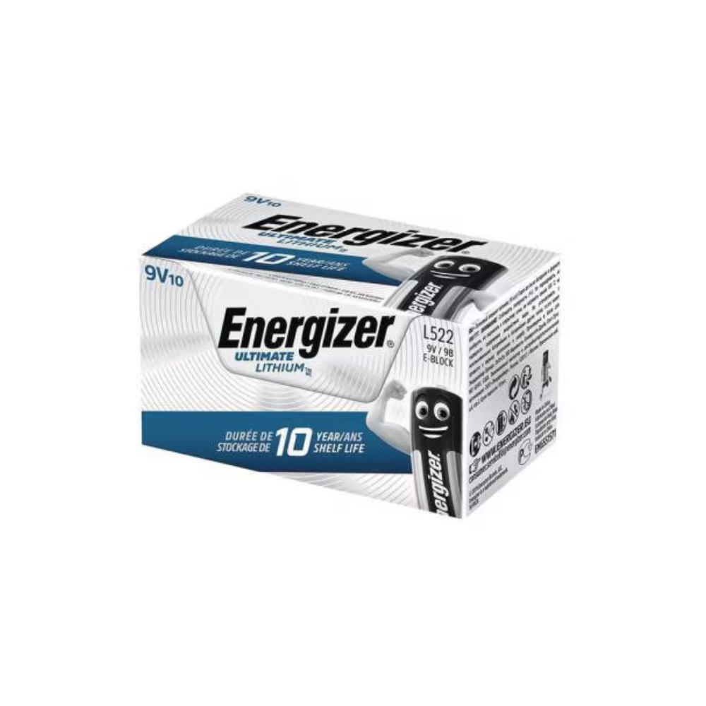 O cutie alb-gri cu Energizer Ultimate Lithium E-Block 9V L522 | Pachet (10 bucăți), o sursă de energie de lungă durată. Ambalajul indică faptul că conține zece baterii cu o durată de viață de 10 ani. În partea stângă este vizibil logo-ul Energizer Deutschland GmbH, în timp ce în partea dreaptă sunt informații despre produs și o imagine a bateriei.