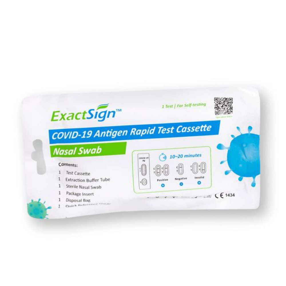 ExactSign Covid-19 Antigen Schnelltest (Laientest), Softpack: Kit de auto-testare cu tampon nazal, listă de conținut, timp de rezultat 10-20 minute și ghid de interpretare pentru rezultate pozitive/negative/nevalide. Ideal pentru testarea rapidă SARS-CoV-2 acasă.