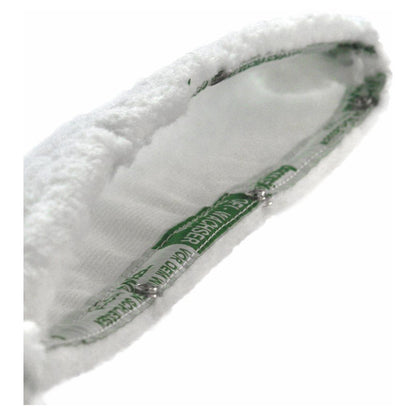 Prim-plan al interiorului unui Arcora Floor-Finish Profi-Wachser Bezug Weiss Aus Microfaser (40 cm) de la Arcora International GmbH, cu textură din microfibră albă, etichetă verde cu text imprimat și cusături vizibile.
