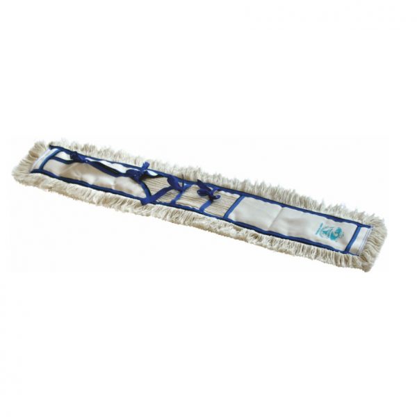 Un mop dreptunghiular, alb, Arcora FEUCHTWISCHMOPP de la Arcora International GmbH din microfibră, cu margini franjurate bej, cu bordură albastră și buzunare este prezentat plat pe un fundal alb.