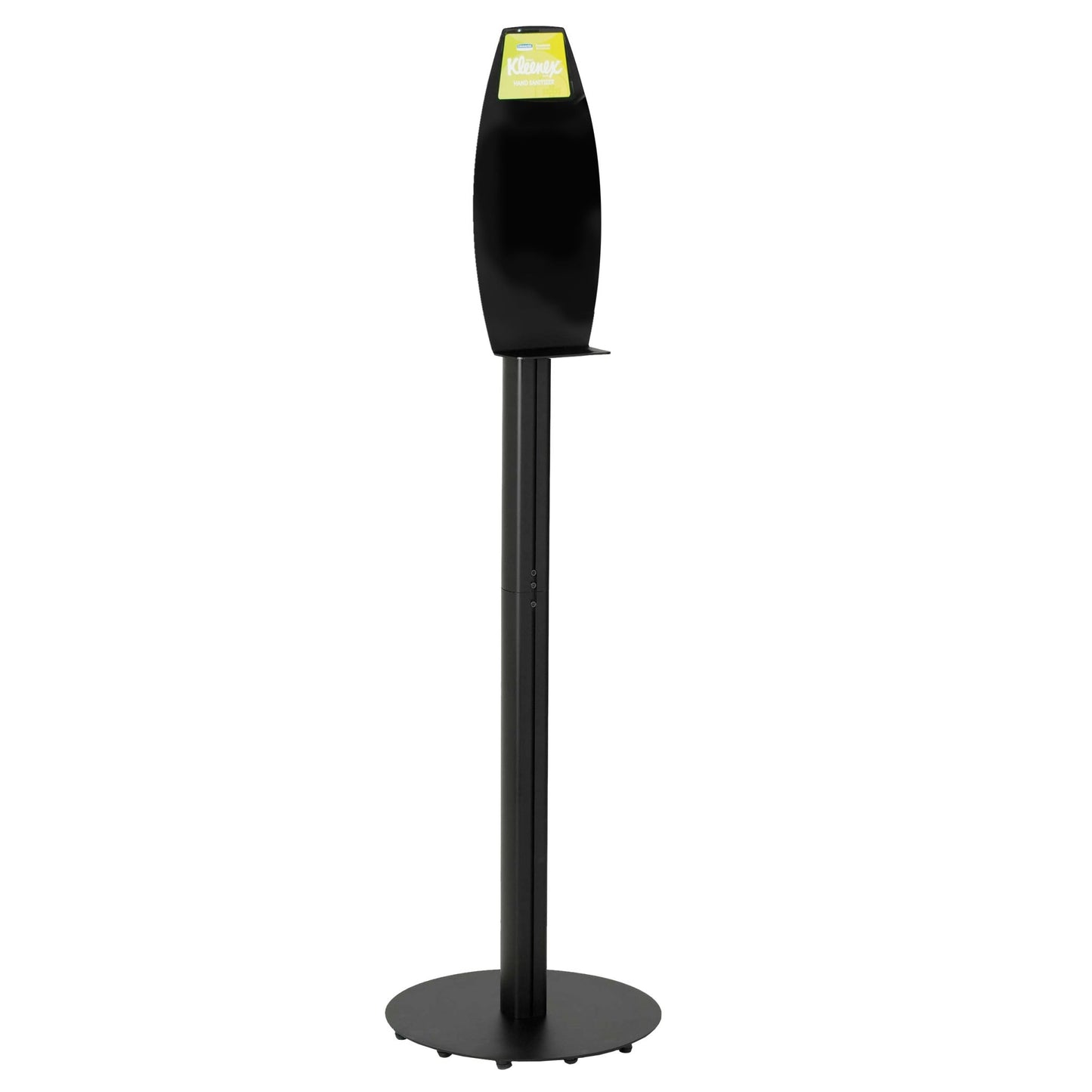 Suportul electronic de loțiuni de spălat Kimberly-Clark Professional™ negru are o bază rotundă, un suport dreptunghiular vertical, o mică tavă și un semn verde - ideal pentru curățarea igienică a mâinilor în spații publice. 1 distribuitor pe cutie. Marcă: Kimberly-Clark GmbH.