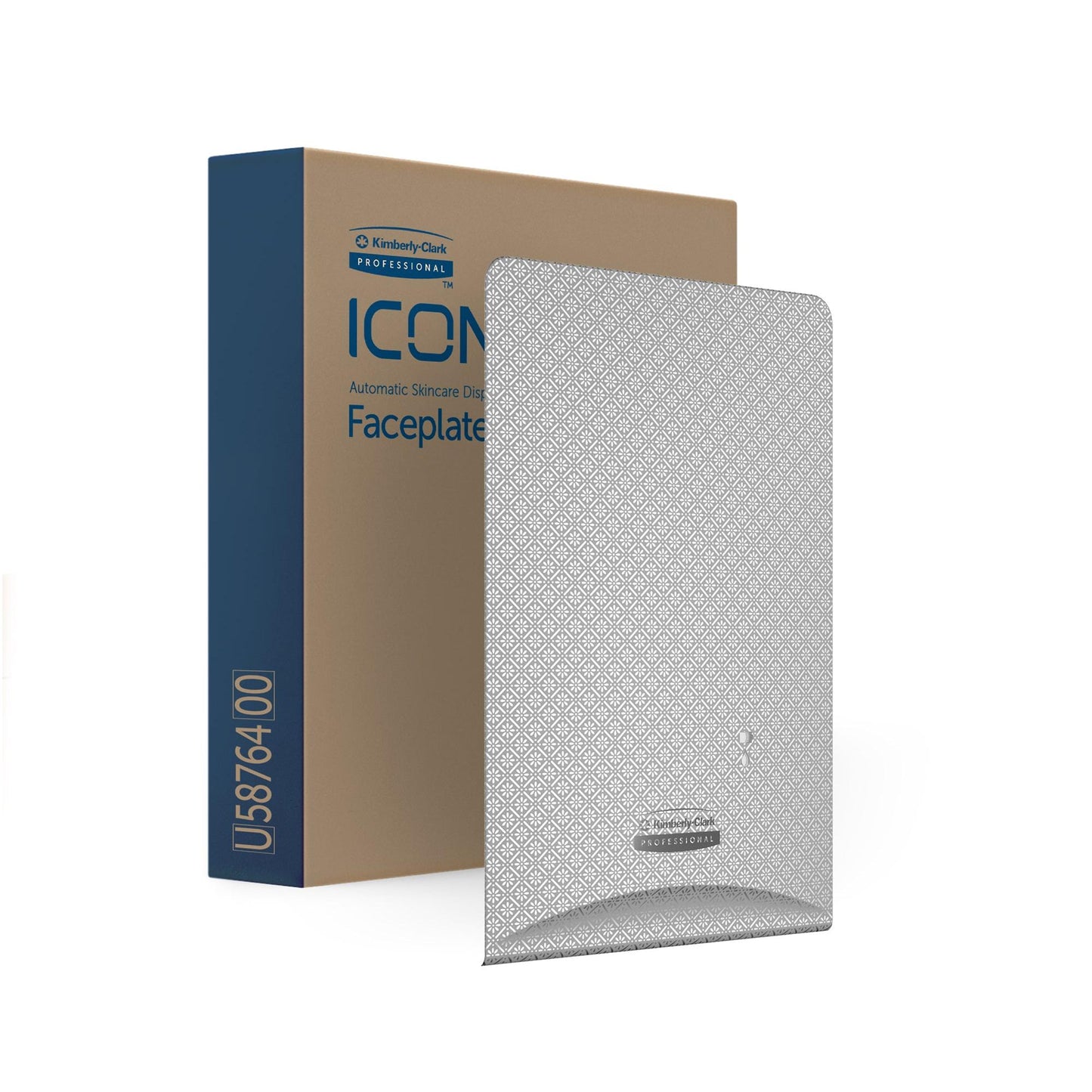 Der Kimberly-Clark Professional™ Icon™ Dispenser Faceplate - eSkinCare (20,32 x 27,30 x 3,81 cm) der Kimberly-Clark GmbH wird in einer braun-blauen Schachtel mit einem hellgrauen Rautenmuster und dem Markenlogo am Boden präsentiert.