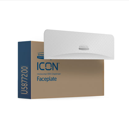 Eine weiß gemusterte Kimberly-Clark Professional™ Icon™ Dispenser Faceplate - SRBH von Kimberly-Clark GmbH lehnt an einer braunen ICON Horizontal SRB Dispenser-Box mit der Aufschrift "Faceplate" und der Produktnummer U5877200 an der Seite.