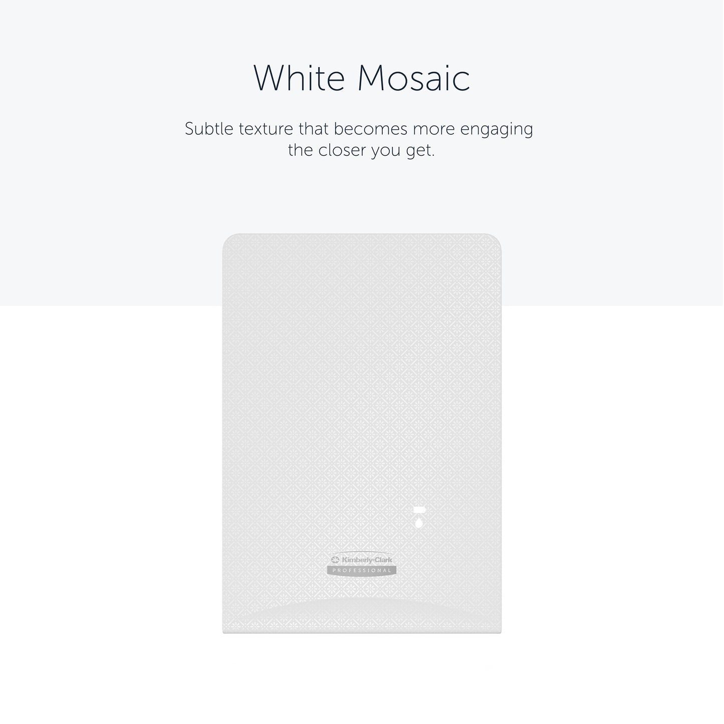 Die rechteckige weiße Kimberly-Clark Professional™ Icon™ Dispenser Faceplate - eSkinCare (20,32x27,30x3,81 cm) der Kimberly-Clark GmbH zeichnet sich durch eine dezente Mosaikstruktur und ein Branding aus, das perfekt in jeden Waschraum passt.