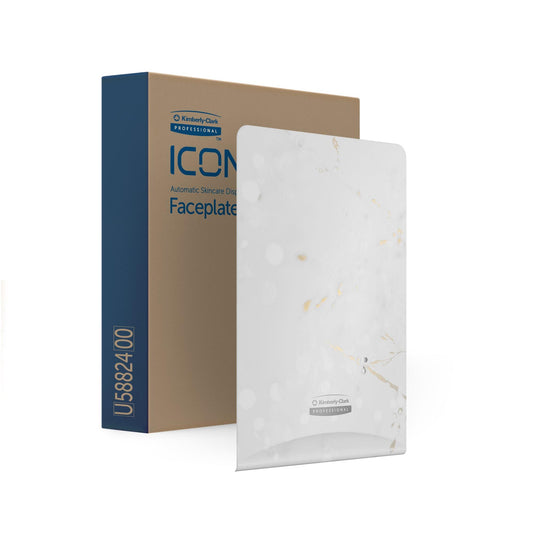 Ein weiß marmoriertes Kimberly-Clark Professional™ Icon™ Dispenser Faceplate (eSkinCare, 20,32 x 27,30 x 3,81 cm) steht aufrecht vor einer gebrandeten Box. Ideal als Waschraumzubehör; Produktcode U5882400 von Kimberly-Clark GmbH.