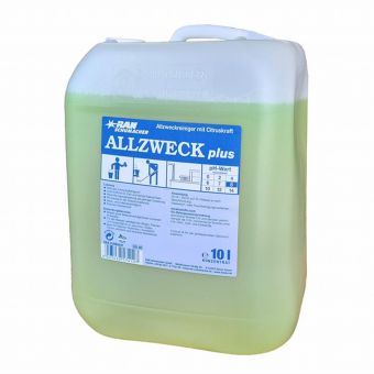Un recipient transparent de 10 litri GastroPower GV Allesreiniger (Abena Re-Seller GmbH), umplut cu un lichid galben-verzui, are un capac alb și o etichetă cu pictograme, text în limba germană și indicații ecologice pentru utilizarea în gastronomie.