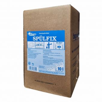 Un carton maro cu inscripția "GastroPower Spülfix Öko-Box, 10 l" de la Abena Re-Seller GmbH cu instrucțiuni albastre-albe, simboluri de pericol și o marcă de 10 litri; acest detergent biodegradabil este prietenos cu mediul.