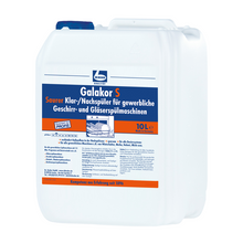 10-Liter-Kanister aus weißem Kunststoff mit Dr. Becher Galakor S Klar-/Nachspüler für gewerbliche Spülmaschinen und Gläserspüler der Dr. Becher GmbH, mit blauer und oranger Etikettengrafik und einem Griff an der Oberseite.