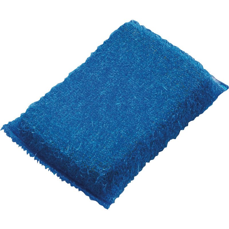 În imagine este un burete abraziv dreptunghiular albastru, mic, PP, dur (130x85x30mm) de la Haug Bürsten KG cu o suprafață texturată pentru curățarea eficientă a bucătăriei pe fundal alb.