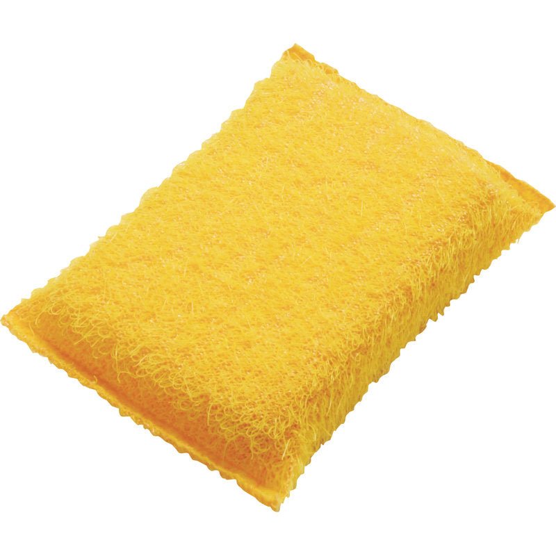 În imagine este un burete abraziv dreptunghiular galben, mic de la Haug Bürsten KG (130x85x30mm, PP, dur) cu o suprafață de frecare texturată din fibră pe fundal alb.