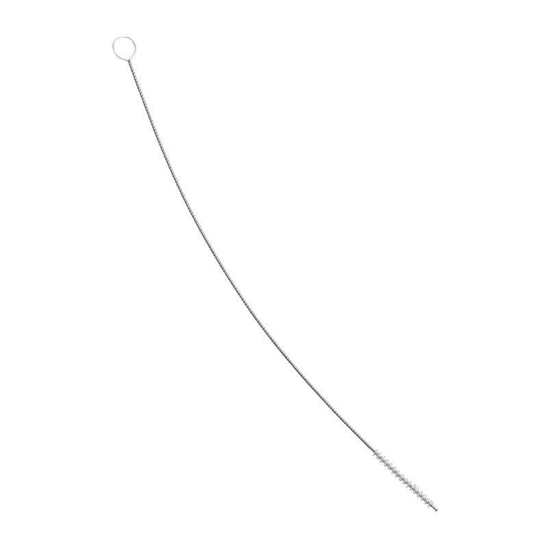 Peria de furtun Haug Bürsten KG, PBT transparent ø0,20mm tare, 350 x ø5 x 50mm este o perie metalică lungă și subțire cu un mâner în formă de buclă și peri PBT înclinați, ideală pentru curățarea furtunurilor și țevilor; ilustrată pe un fundal alb.