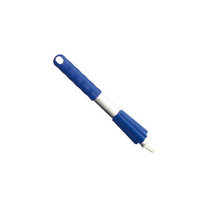 O prim-plan al periei de curățare Haug Bürsten KG KURZ-ALUSTIEL, 300MM, CAPAC și PIULIȚĂ cu mâner albastru și peri albi. Mânerul este prevăzut cu o gaură pentru agățare, totul pe un fundal alb simplu.