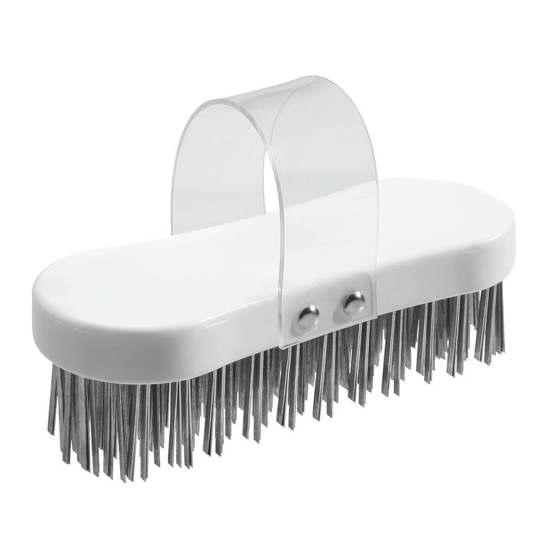 Die Haug Bürsten KG Hackstockbürste, Flachdraht Stärke 3,3x0,6mm Hart185x75x37, eine weiße ovale Schrubbbürste mit klarem Griff und steifen Metallborsten für die Holzverarbeitung, wird vor einem schlichten Hintergrund gezeigt.