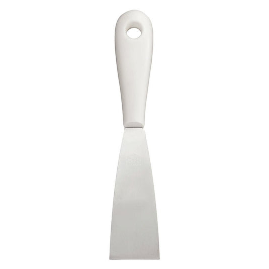 SPACHTEL CU MÂNER DIN PLASTIC, OȚEL INOXIDABIL, FĂRĂ RUGINĂ de la Haug Bürsten KG impresionează cu o lamă plată, dreptunghiulară din oțel inoxidabil, mâner solid din plastic alb și orificiu de agățare - durabil și versatil în utilizare.