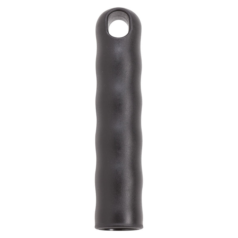 Capacul de agățare pentru toate mânerele cu diametrul exterior de 21 mm, 125xø21mm, negru de la Haug Bürsten KG este un mâner cilindric negru cu caneluri pentru degete și un capac de agățare pentru depozitare economisitoare de spațiu, ilustrat pe un fundal alb.