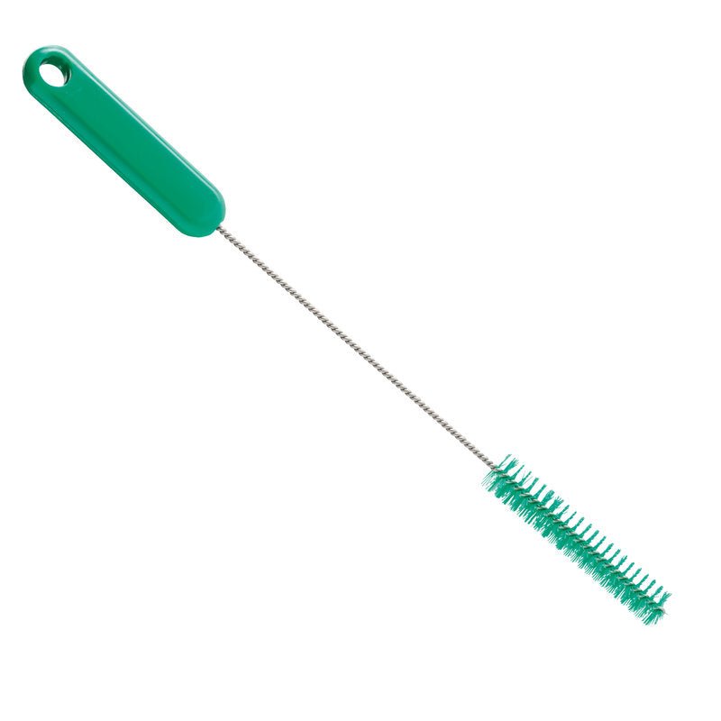 Peria de curățare Haug Bürsten KG, PBT DUR, 305Xø15X80MM dispune de un mâner din plastic verde, un mâner lung răsucit și peri cilindrici scurți din PBT dur verde - ideală pentru curățarea eficientă a conductelor.