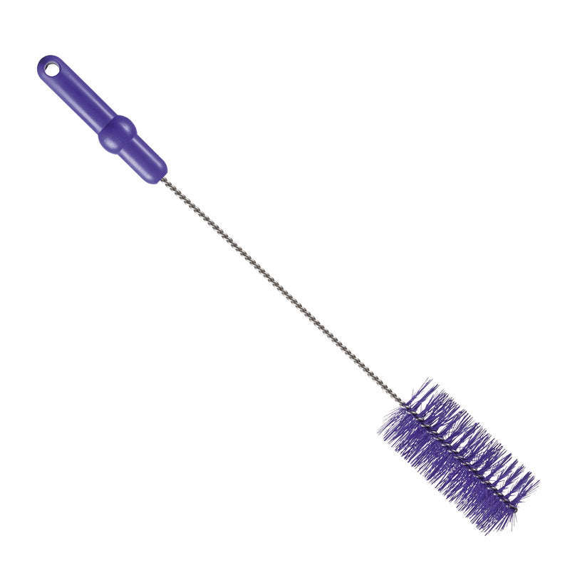 Peria de curățare a țevilor Haug Bürsten KG, ø 0,50MM MEDIU 500Xø 60MM, are un mâner din plastic violet și peri pe un mâner metalic flexibil, ideală pentru curățarea spațiilor înguste, cum ar fi sticlele sau tuburile.