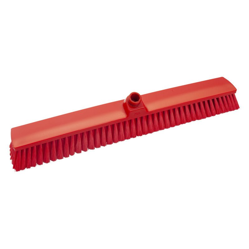 MĂTURA PENTRU SPAȚII MARI, NECURĂȚATĂ, ø 0,25MM MOALE, 600MM de la Haug Bürsten KG este o mătură roșie cu peri moi și o gaură centrală pentru coadă, ideală pentru curățenia industrială și este ilustrată pe un fundal alb.