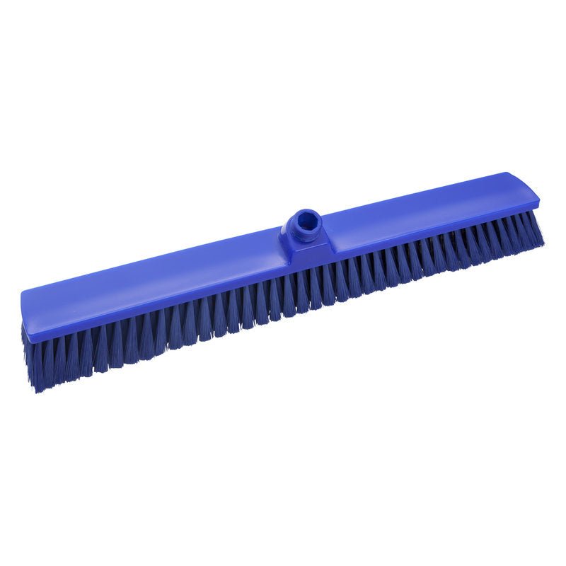 MĂTURA PENTRU SPAȚII MARI, NECURĂȚATĂ, ø 0,25MM MOALE, 600MM de la Haug Bürsten KG este un cap de mătură albastru cu o gaură centrală, ideal pentru curățenia industrială, ilustrat pe un fundal alb.