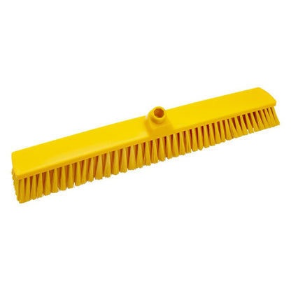 MĂTURA PENTRU SPAȚII MARI, NECURĂȚATĂ, ø 0,25MM MOALE, 600MM de la Haug Bürsten KG este un cap de mătură galben cu peri moi și cu o bază centrală pentru coadă, ideal pentru curățenia industrială; ilustrat pe un fundal alb.