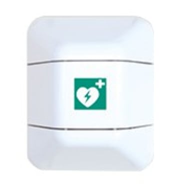 Dulapul pentru defibrilator Novocal help din plastic de la Novocal este un dulap pentru defibrilator alb, montat pe perete, cu o inimă verde, un fulger și un semn plus, care indică depozitarea defibrilatorului.