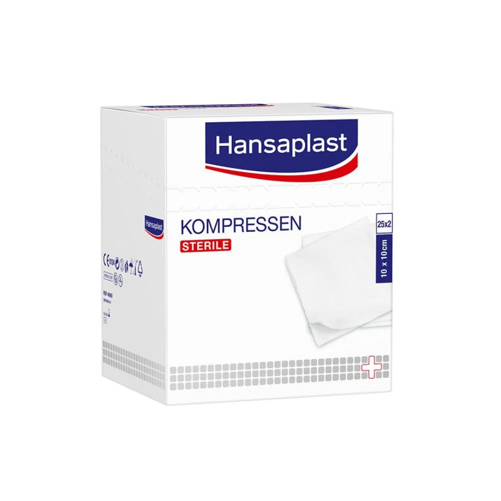 O cutie albă Beiersdorf AG Hansaplast comprese sterile 10 x 10 cm, produs în curs de retragere, conține 25 x 2 bucăți (50 bucăți) și este ideală pentru îngrijirea profesională a rănilor.