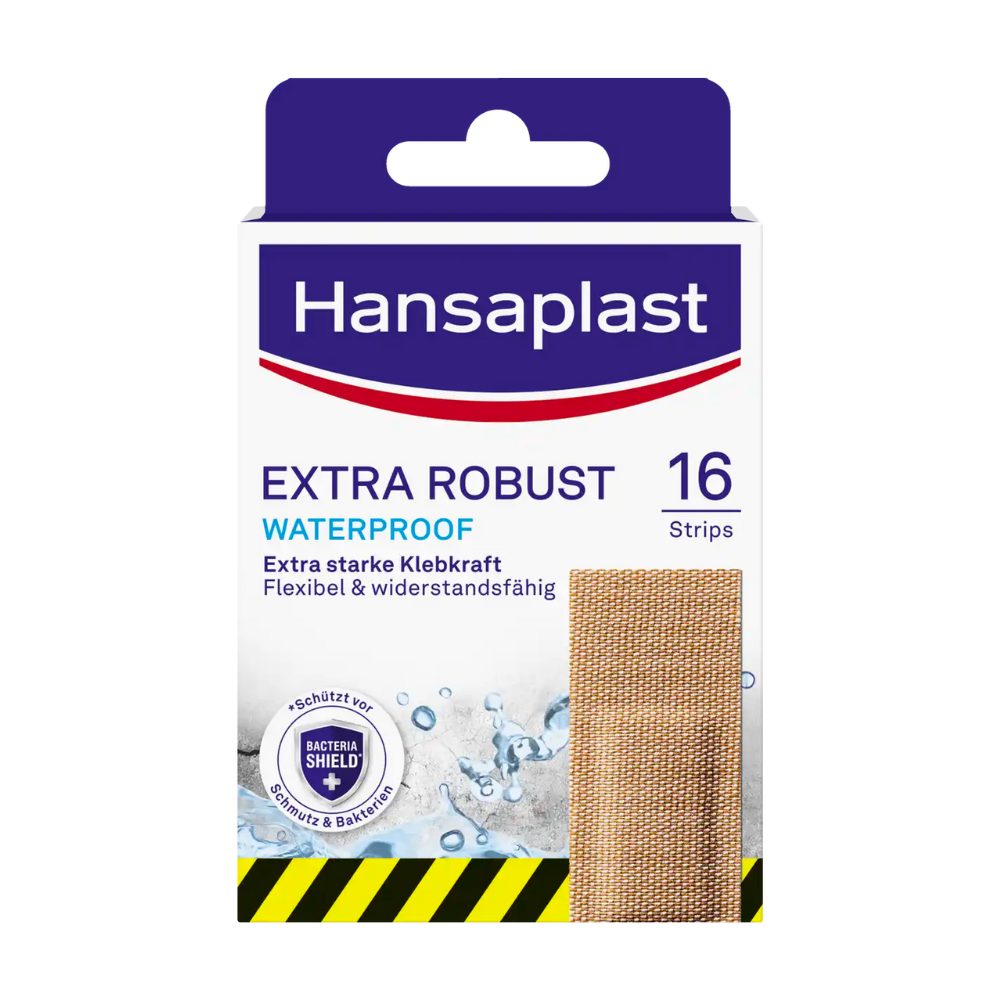 O cutie de plasturi Hansaplast Extra Robust Waterproof de la Beiersdorf AG cu 16 plasturi textile. Ambalajul subliniază puterea mare de aderență, flexibilitatea și rezistența plasturilor cu tehnologia Hi-DRY TEX.