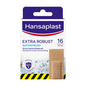 O cutie de plasturi Hansaplast Extra Robust Waterproof de la Beiersdorf AG cu 16 plasturi textile. Ambalajul subliniază puterea mare de aderență, flexibilitatea și rezistența plasturilor cu tehnologia Hi-DRY TEX.