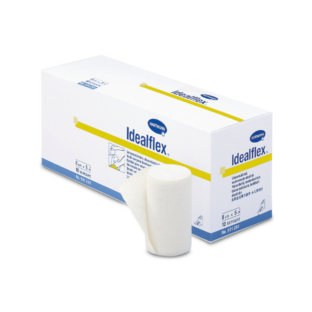 O cutie cu bandaje universale ușoare Idealflex® de la Paul Hartmann AG, în care un rolă este parțial despachetată în față, evidențiind textura și forma produsului. Ambalajul este alb și albastru cu text și detalii despre marcă.