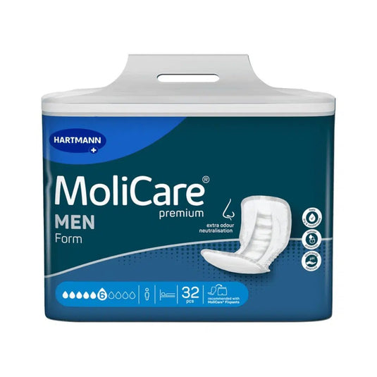 O cutie albastră și albă de protecție MoliCare Premium Form MEN, 6 picături (32 de bucăți) de la Paul Hartmann AG, prezentată cu imaginea produsului, simboluri și text care evidențiază neutralizarea suplimentară a mirosurilor și pH-ul neutru pentru piele, destinată bărbaților.