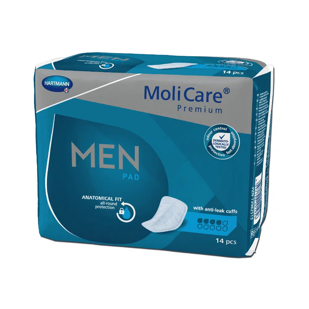 Un pachet Hartmann MoliCare® Premium MEN PAD inserție - 14 bucăți, conține 14 bucăți. Cutia este albastră și albă și subliniază protecția cu formă anatomică optimizată pentru incontinență urinară cu margini anti-scurgere.